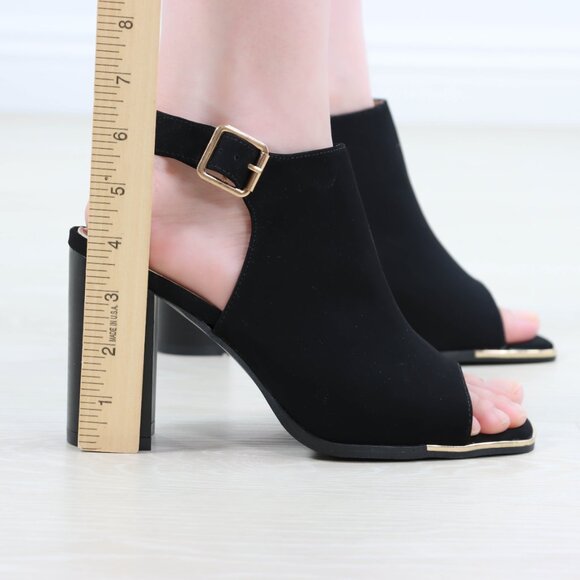Block Heel Peep Toe Sandals Women’s Black Velvet Gold Buckle Ankle Strap - Picture 3 of 15